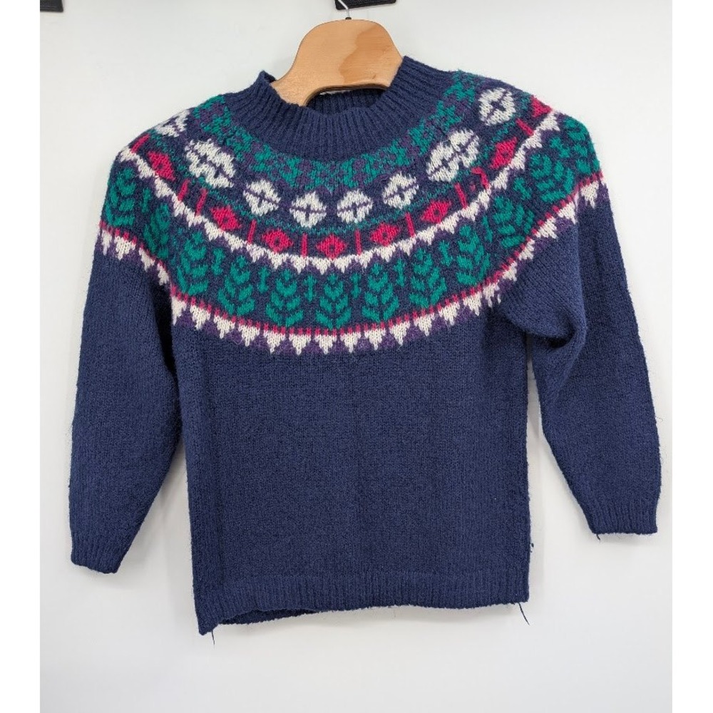 Venezia Sportswear Vintage Fair Isle Knit Sweater Navy Geometric Crewneck 14/16